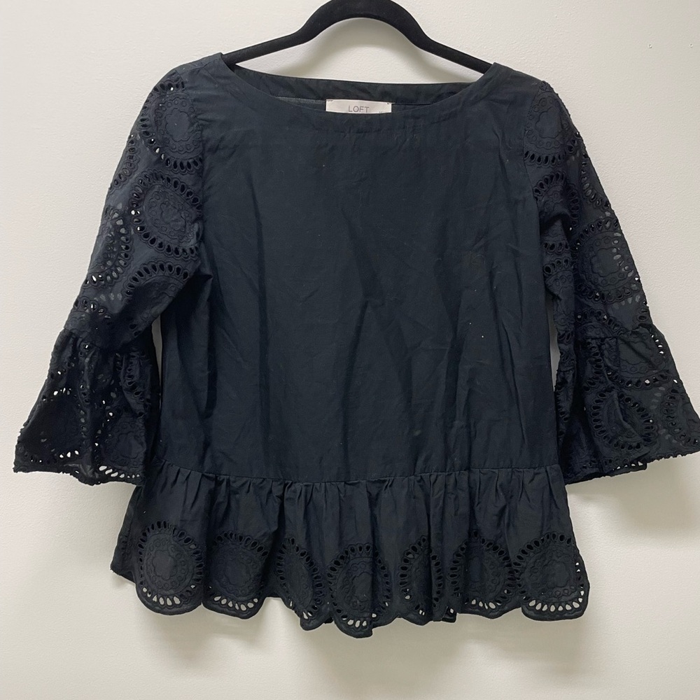 LOFT Black Eyelet Top with Flared Sleeves